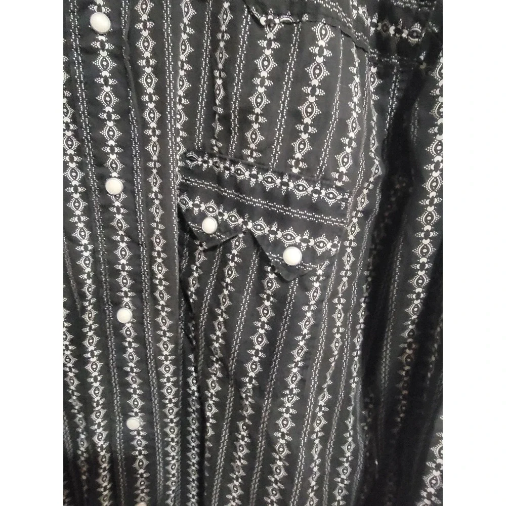 LUCKY‎ BRAND Western Shirt Pearl Snap Black White Print Sz XL Long Sleeve